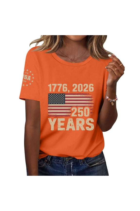 Womens 250 Anniversary Usa Shirts Birthday Patriotic Flag Short-Sleeve Tee Shirts Retro Round Neck Independence Day Shirts Orange 2XL