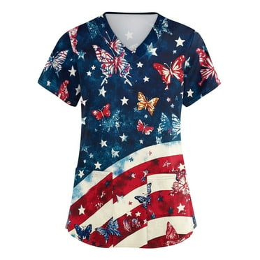 OIOLOYJM Womens American Flag Scrub Tops Independence Day Working Uniform V-Neck Funny Nurse Tops Casual Short Sleeve T-Shirts with 2 Pocket Navy 5XL