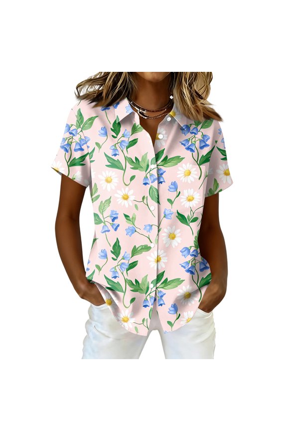 Womens Blouses 2026 Casual Floral Print Short-Sleeve Button Down Shirts Spring Basic Collared Outfits Elegant with Pocket Sky Blue 2XL