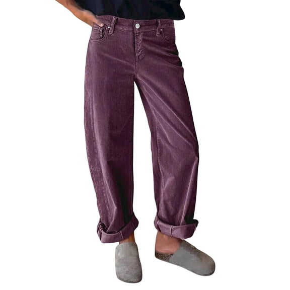 OIOLOYJM Womens Corduroy Pants Casual Mid Waist Pants Drawstring Straight Leg Loose Trousers Soft Comfy Sweatpants with Pockets Purple L