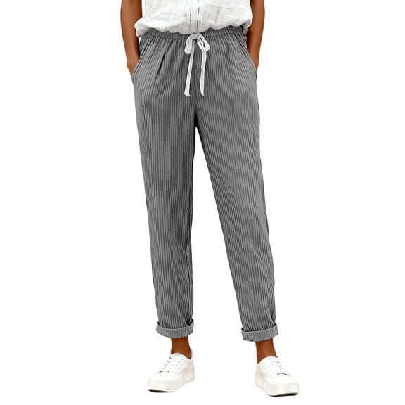 OIOLOYJM Womens Corduroy Pants Casual Mid Waisted Pants Drawstring Straight Leg Baggy Trousers Comfortable Sweatpants with Pockets Gray M