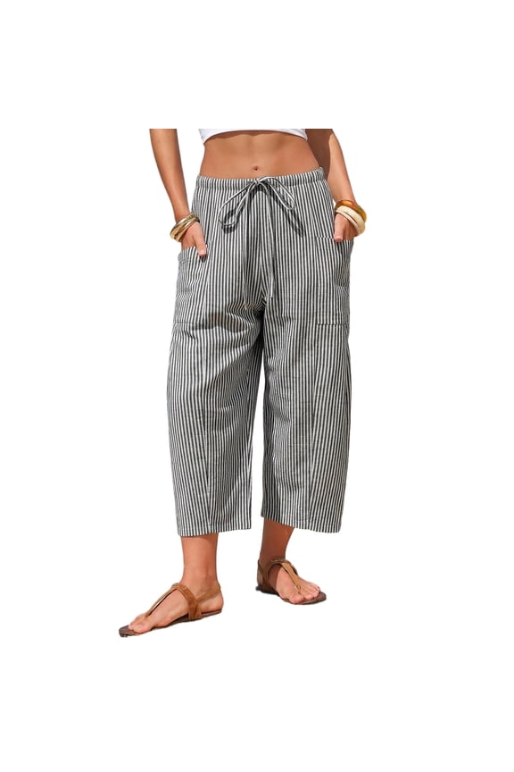 Womens Cotton Linen Gingham Barrel Capri Pants Plaid Lounge Harem Palazzo Trousers Summer Beach Vacation Baggy Pajama Pants with Pockets White XL