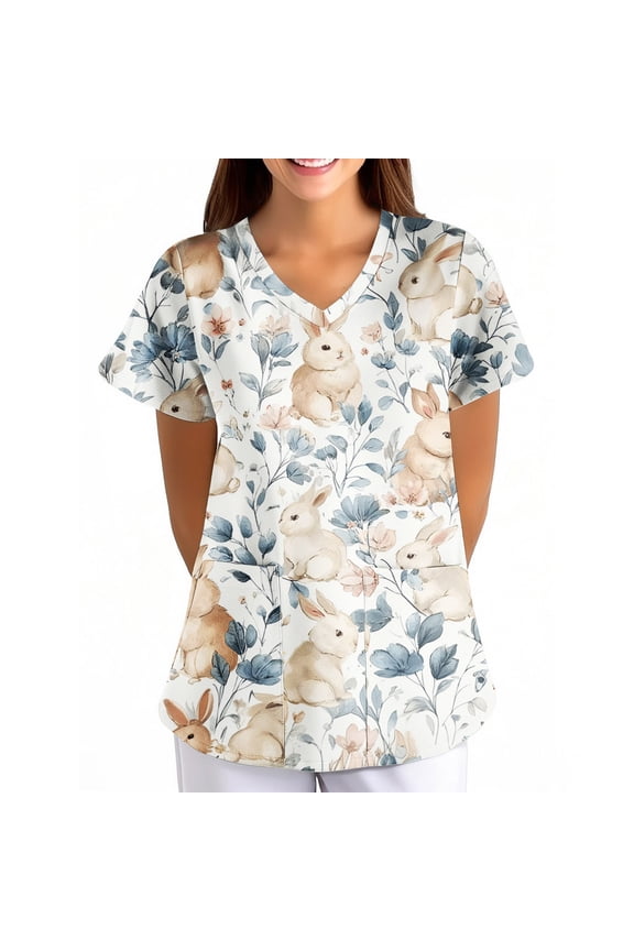 Womens Easter Scrub Tops 2026 Cute Medical Bunny Print Tops Short Sleeve V Neck Shirt Loose Fit Oversized Working Uniform with Pockets Beige M