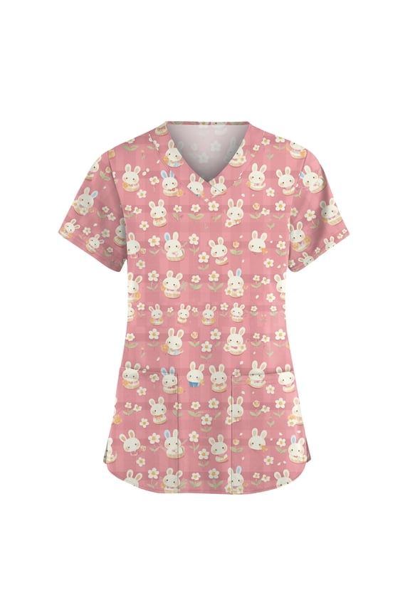 Womens Easter Scrub Tops 2026 Happy Stretch Bunny Eggs Print Tops Short Sleeve V Neck Shirt Holiday Plus Size Working Uniform with 2 Pockets Watermelon Red 2XL