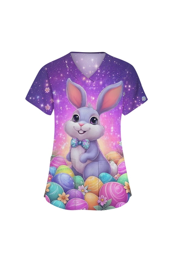 Womens Easter Scrub Tops 2026 Happy Stretch Bunny Print Tops Short Sleeve V Neck Shirt Holiday Oversized Blouse with 2 Pockets Purple 3XL
