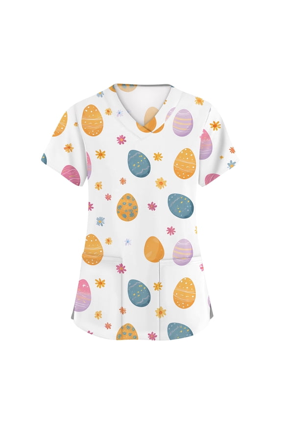 Womens Easter Scrub Tops Funny Medical Bunny Eggs Graphic Tops Short Sleeve V Neck Shirt Loose Fit Oversized T Shirts with 2 Pockets White M