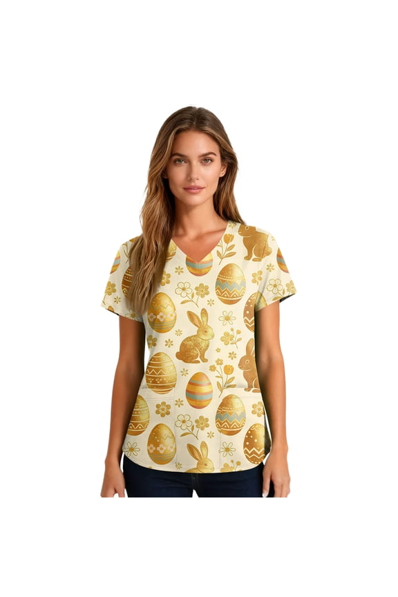 Womens Easter Scrub Tops Happy Stretchy Bunny Print Tops Short Sleeve V Neck Shirt Loose Fit Elegant Workwear Uniforms with Pockets Gold M