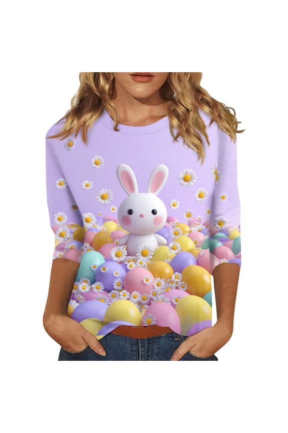 Womens Easter Shirts 2026 Holiday Bunny Egg Print Shirts Long Sleeve Crewneck Pullover Tops Trendy Lightweight T Shirts Purple 2XL