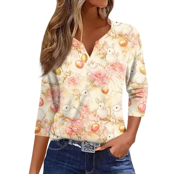 OIOLOYJM Womens Easter Shirts Funny Bunny Print Henley Shirts Casual Button Up V Neck 3/4 Length Sleeve T-Shirt Spring Fashion Tee Tops Pink XL