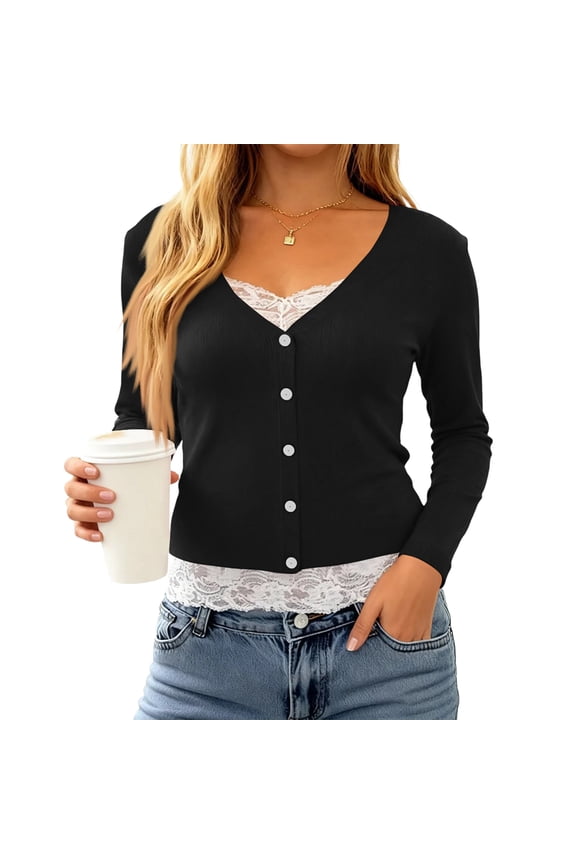 Womens Lace Long Sleeve Top Paneled Y2k 2000s Shirts Dressy Casual Fitted Going Out Tops Fashion Button Down Blouse Black S