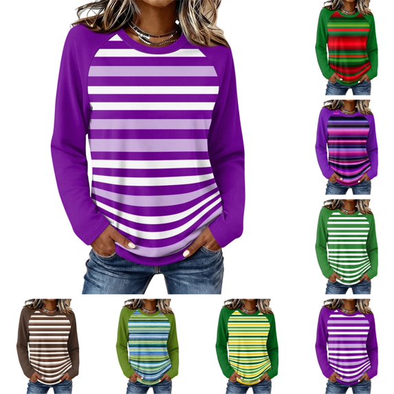 OIOLOYJM Womens Long Sleeve Shirts Crew Neck Striped Casual Basic Relaxed Fit Tops Fall Winter Stylish Cozy Lounge Blouses