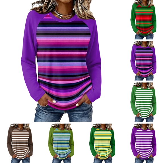 OIOLOYJM Womens Long Sleeve Tops Crewneck Striped Casual Basic Relaxed Fit Tops Fall Fashion Cozy Lounge Outfits