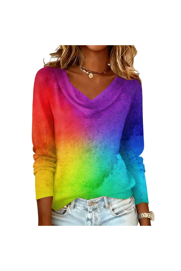 Womens Long-Sleeve Tops Tie Dye Oversized Casual Shirts Spring Cowl Neck Lightweight Pullover Tops Trendy Work Clothes Red 2XL