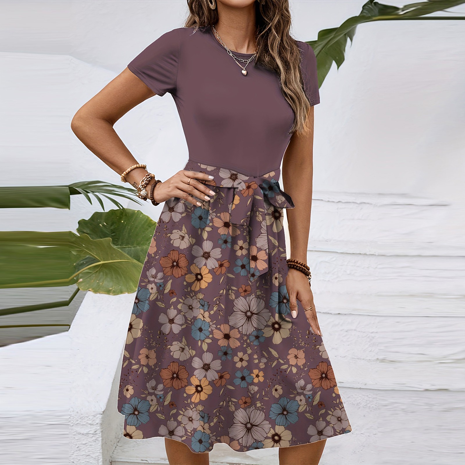 OIOLOYJM Womens Midi Dress Short Sleeve Empire Waist Sundress Casual ...
