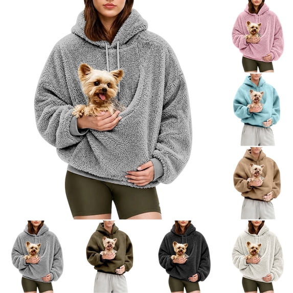 OIOLOYJM Womens Pet Pouch Hoodie Oversized Fuzzy Soft Comfortable Long Sleeve Hooded Sweatshirt with Cat Dog Pocket Fall Winter Loose Fit Warm Cozy Novelty Clothes