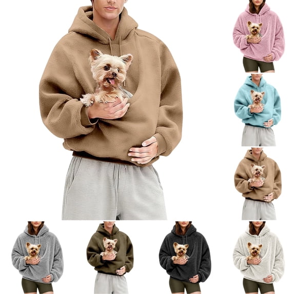 OIOLOYJM Womens Pet Pouch Hoodie Oversized Fuzzy Soft Comfortable Long Sleeve Hooded Sweatshirt with Cat Dog Pocket Fall Winter Loose Fit Warm Cozy Novelty Clothes
