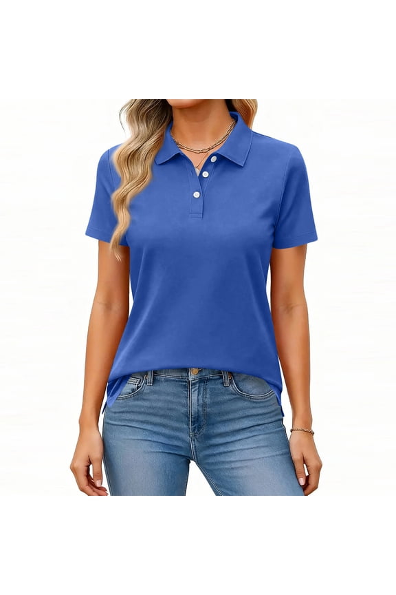 Womens Polo Shirts Casual Short Sleeve Tennis Golf Shirt Lightweight Collared Work Blouses Tops Soft 3 Buttons Activewear Blue S