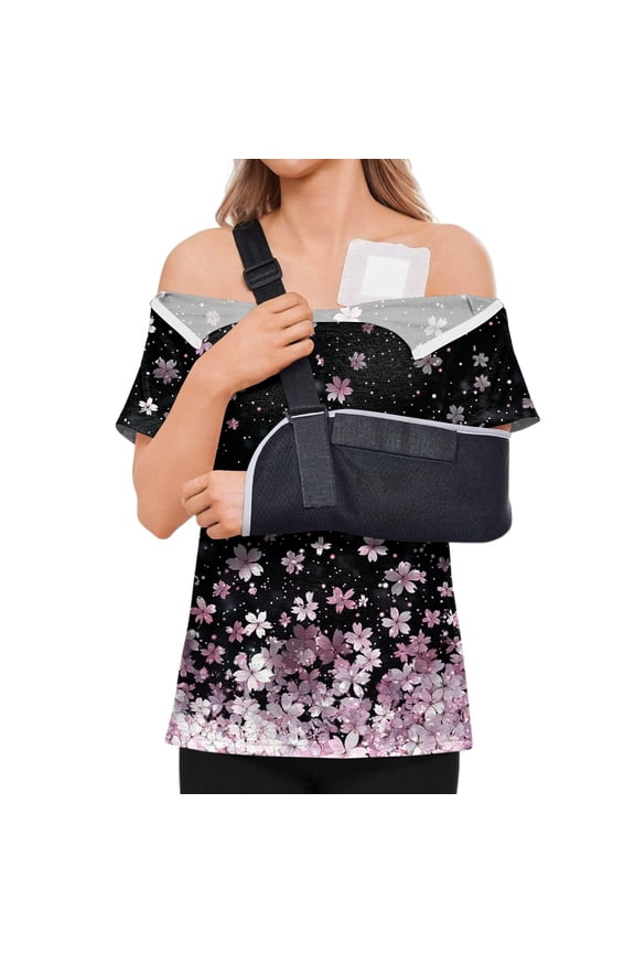 Womens Post Shoulder Surgery Shirts Tear Away Breathable Floral Print Shirts Short-Sleeve Port Postpartum Rotator Cuff Recovery Casual Clothes Purple Pink 3XL