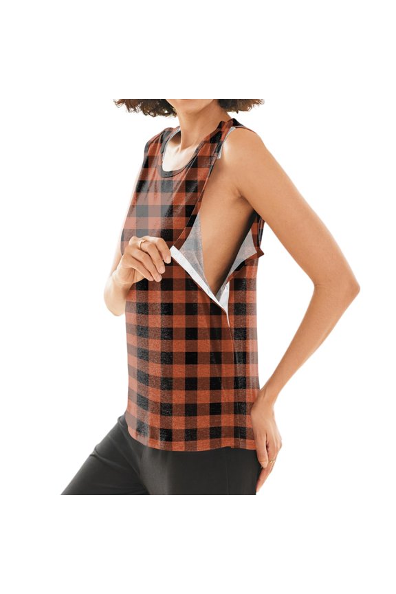Womens Post Surgery Shirts Side Snap Access Arm Chest Recovery Tear Away Soft Plaid Tank Tops Breathable Lightweight Rotator Cuff Sleeveless Shirts Brown S