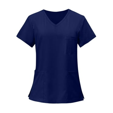 OIOLOYJM Womens Scrubs Tops Classic Professional Soft Stretch Nurse Medical Uniform V Neck Short Sleeve Scrubs Loose Fit T-Shirts with 3 Pocket Navy 3XL