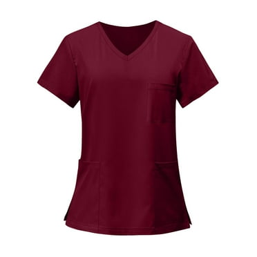 OIOLOYJM Womens Scrubs Tops Moisture-Wicking Soft Stretch Working Uniform V Neck Short Sleeve Nurse Tops Loose Fit Blouses with 3 Pocket Wine S