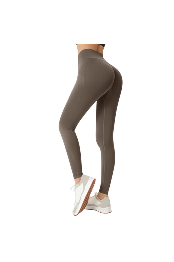 Womens Seamless Leggings High Waisted Tummy Control Yoga Pants Casual Lounge Compression Workout Pants Brown XL