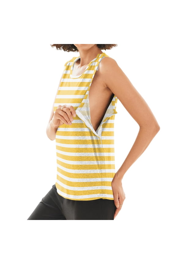 Womens Shoulder Surgery Shirts Chemo Port Access Soft Recovery Tear Away Tank Tops Striped Breathable Lightweight Rotator Cuff Sleeveless Clothes Yellow L
