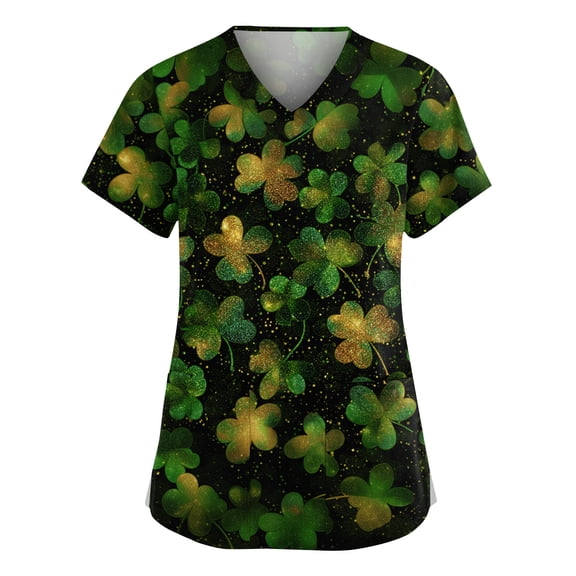 OIOLOYJM Womens St. Patrick's Day Scrub Tops 2026 Irish Medical Clover Print Tops V Neck Short Sleeve Shirts Trendy Nurse Uniforms with Pockets Dark Green 5XL