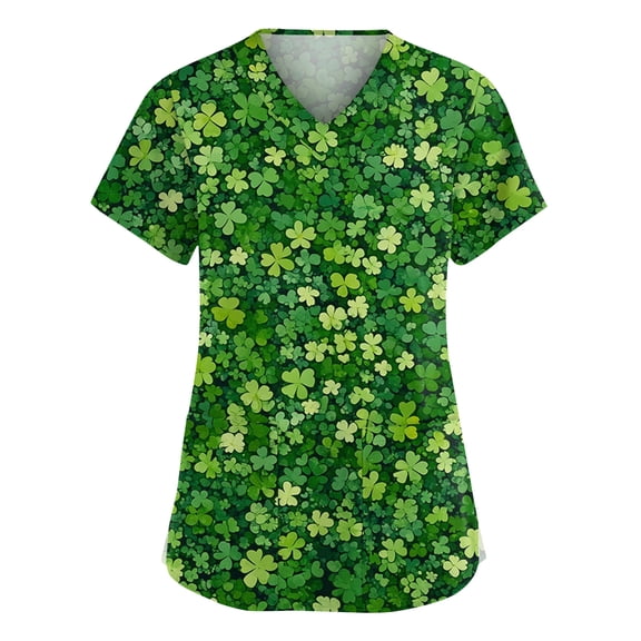 OIOLOYJM Womens St. Patrick's Day Scrub Tops Funny Stretch Clover Print Tops V-Neck Short Sleeve Shirts Holiday T Shirts with 2 Pockets Dark Green 2XL