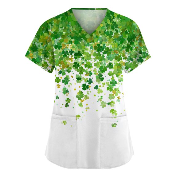 OIOLOYJM Womens St. Patrick's Day Scrub Tops Irish Medical Shamrock Printed Tops V Neck Short Sleeve Shirts Trendy Blouse with Pockets Light Green 3XL