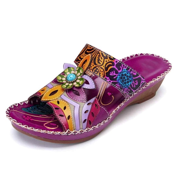 OIOLOYJM Womens Summer Wedge Sandals Orthopedic Arch Support Comfy Slip-On with Floral Hollow Design Peep Toe Platform Boho Beach Shoes Purple US/6