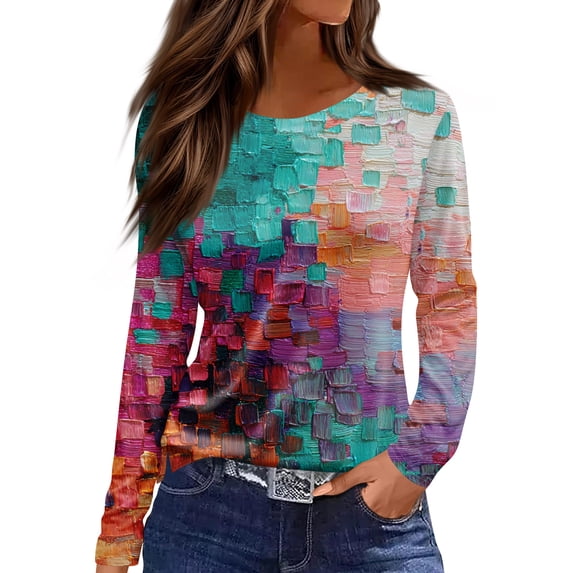 OIOLOYJM Womens Tops 2026 Casual Vintage Floral Print Long Sleeve Crew Neck Shirts Cotton Fitted Stretch T-Shirts Spring Basic Clothing Multicolor 2XL