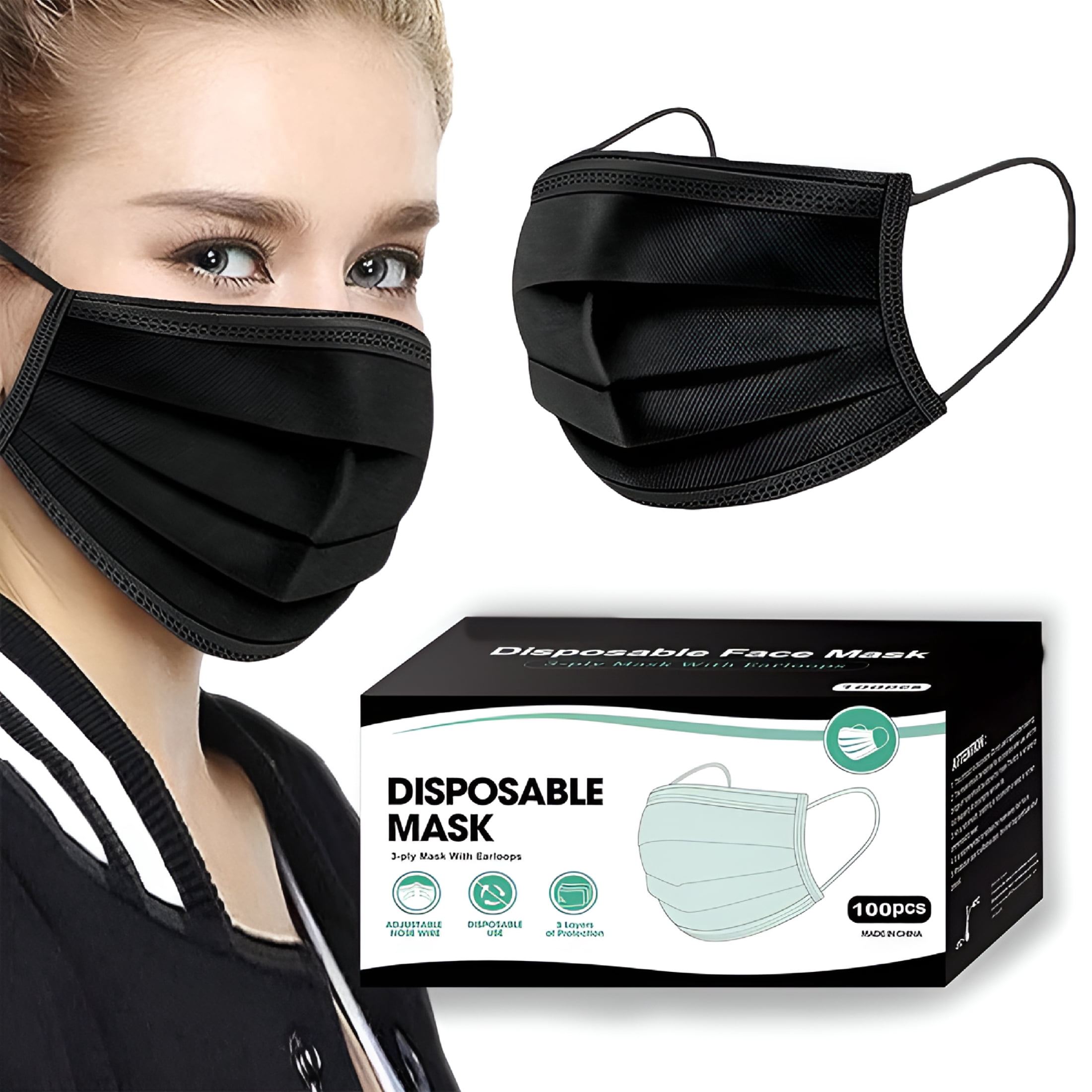 OITY 100PCS 3 Ply Black Disposable Face Mask Filter Protection Face ...