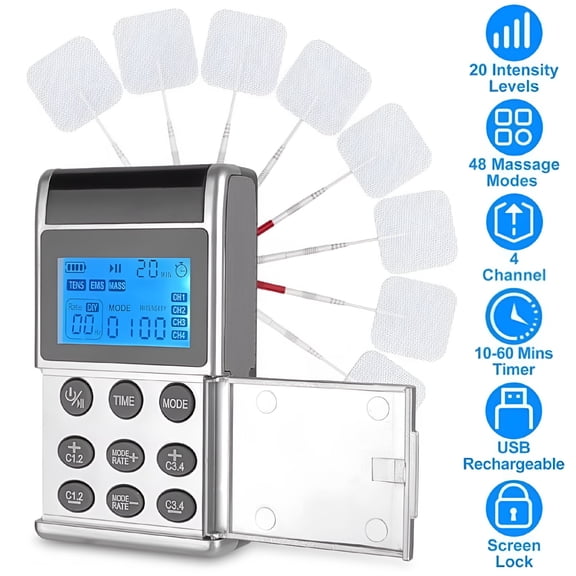 OITY 4-Channel Rechargeable Tens Unit with 8 Pads,48 Modes & 4 Programs for Pain Relief,Muscle Training & Relaxation Portable & User-Friendly