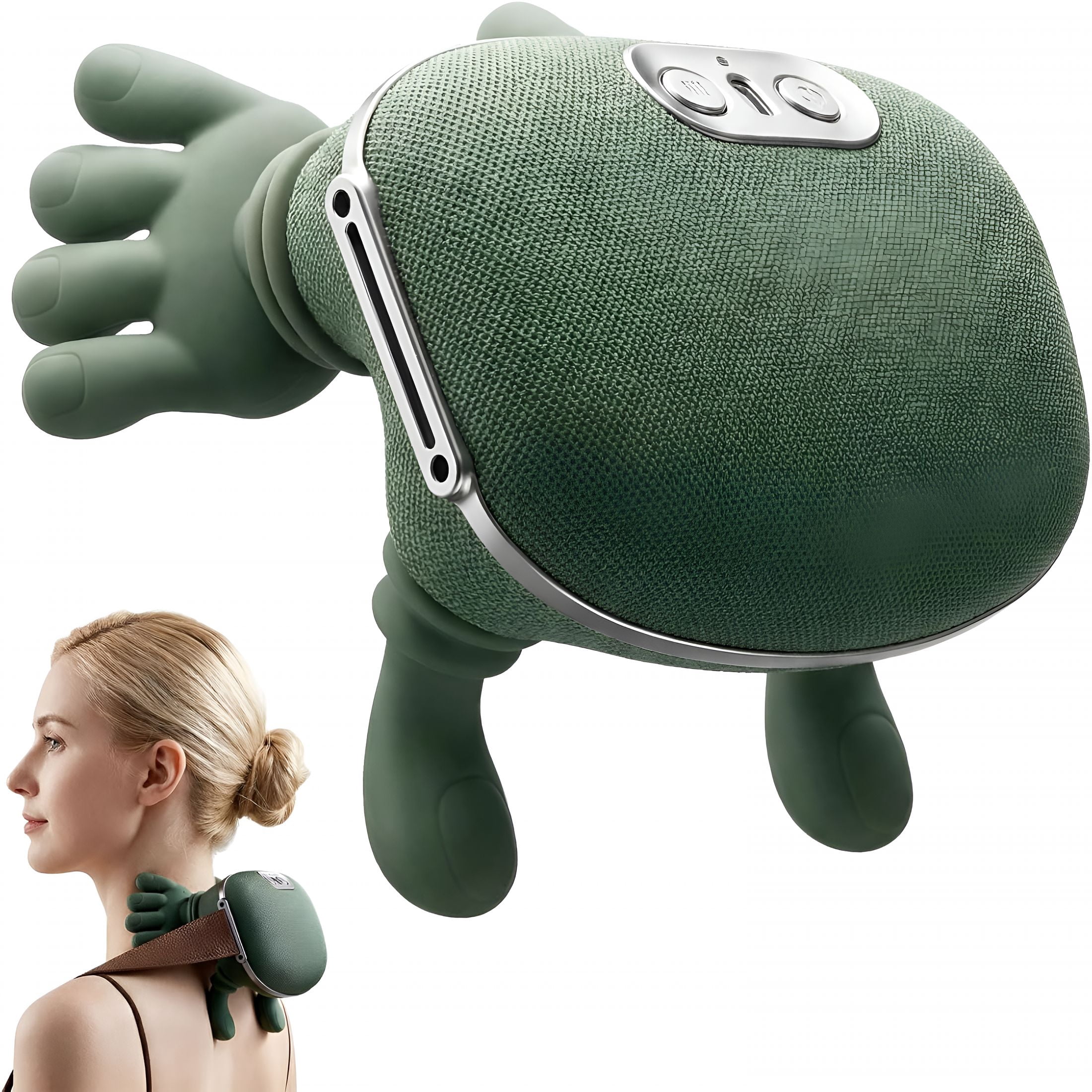 OITY Neck Massager with Heat, Portable Shoulder & Back, Cordless Deep-Tissue Kneading, Quiet Brushless Motor, Adjustable Strap, Usb-C Rechargeable, Non-Slip Grip, Home/Office/Travel - Green