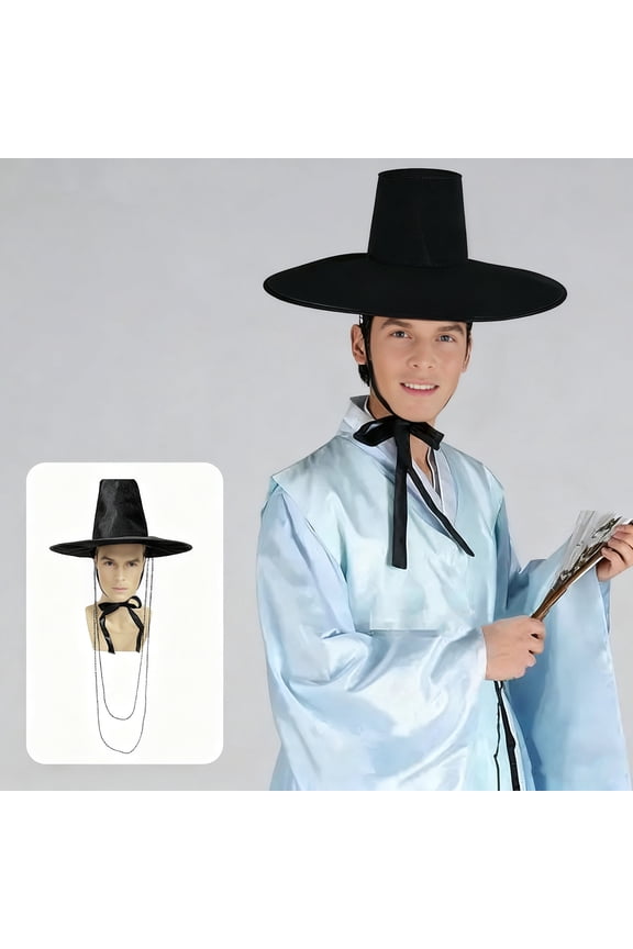 1/2/3/4Pcs Stage Performance Hat Ming Dynasty Traditional Korean Flat Topper Hat Wide Brim UV Protection Black Halloween Cosplay Cap Men Costume Accessory