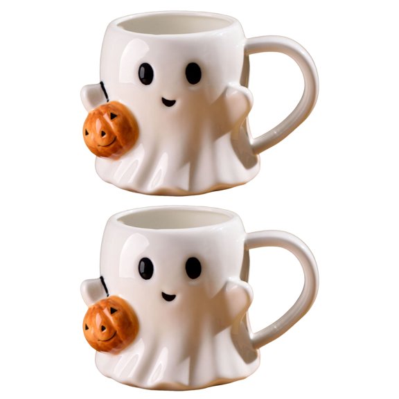 OIUR 1/2Pcs 600ml Water Cup 3D Effect Ghost Holding Pumpkin Design Ceramic Mug Household Bar Kitchen Restaurant Beverage Container
