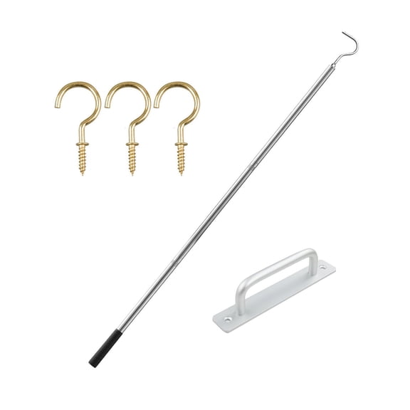 OIUR 1 Set Attic Ladder Pull Down System Kit with Stainless Steel Extendable Pole Alloy Handle Screw Hook Loft Stairs Pull Down Accessories Tools