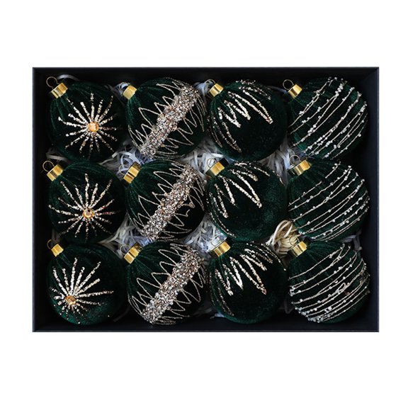 OIUR 12 Pcs Velvet Glitter Christmas Ball Ornaments 3.15" Shatterproof Flocked Sequin Balls Christmas Tree Ornaments for Indoor Outdoor Holiday Party Decor