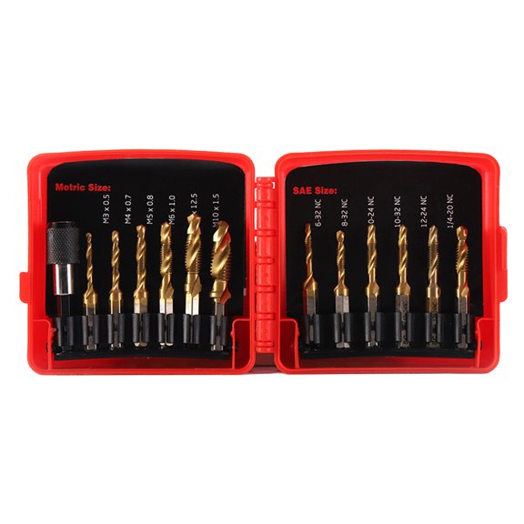 OIUR 13Pcs/Set SAE Metric Screw Tap Kit with Storage Case Heavy Duty High Speed Steel Hex Shank Combined Drill Bit Screw Tap Kit