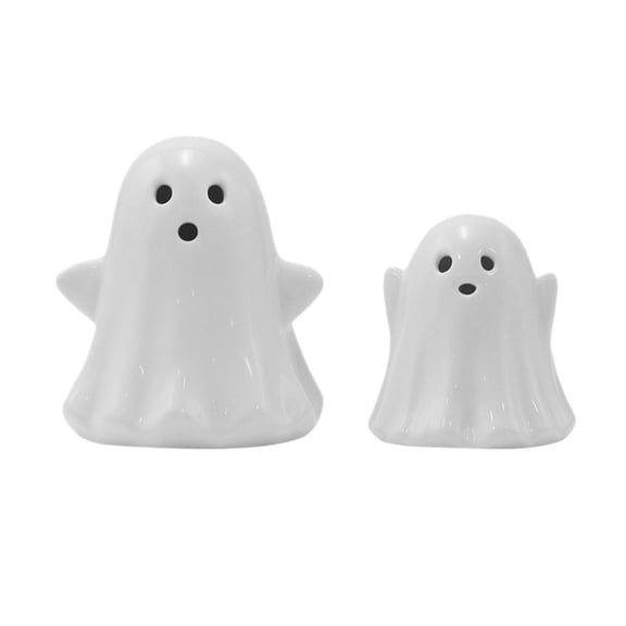 OIUR 2 Pcs Ceramic Ghost Figurine Light-Up White Ghost Statue Small LED Ghost Halloween Tabletop Sculptures for Indoor Table Tray Shelf Bedroom Decor