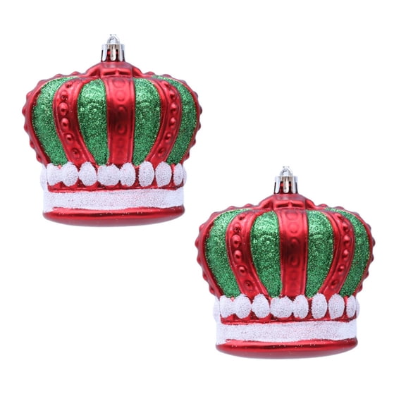 OIUR 2 Pcs Christmas Crown Ornaments Vintage Style Plastic Red Green/Goldem Royal Crown Ornament for Xmas Tree Window Shop Home Holiday Decor