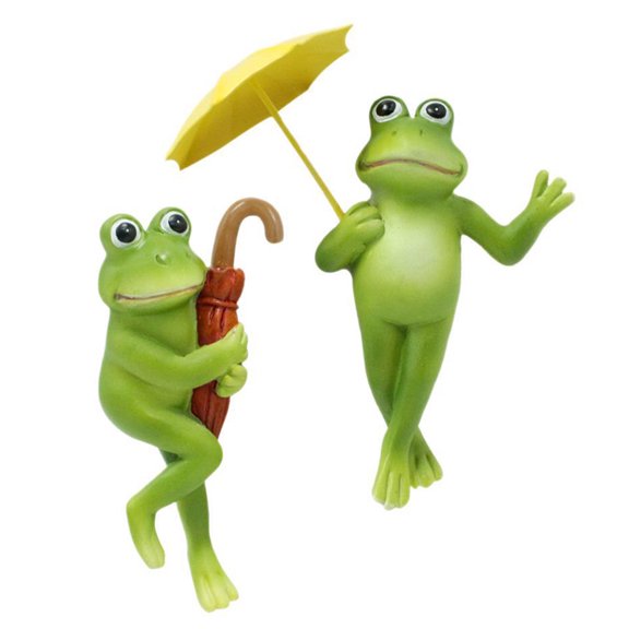 OIUR 2 Pcs Frog Figurine with Umbrella Resin Frog Ornament Flower Pot Edge Decor Hand Painted Frog Statue for Home Garden Planter Decor