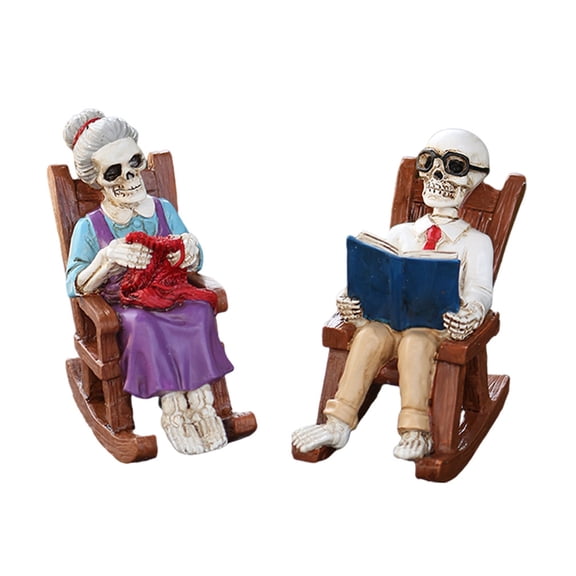 OIUR 2 Pcs Halloween Rocking Chair Skeleton Elderly Statues Small Reading Knitting Skeleton Figurine Resin Craft for Courtyard Lawn Porch Decor
