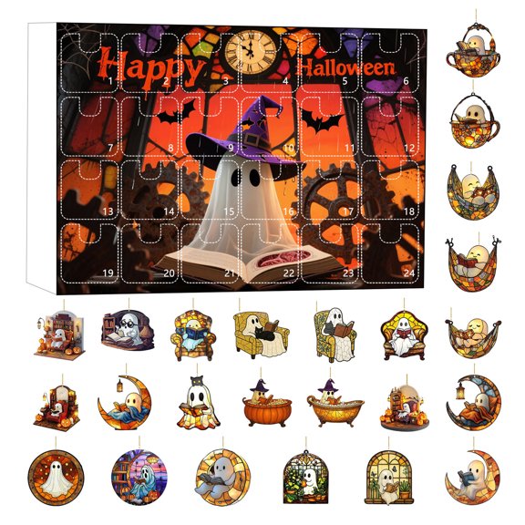 OIUR 2025 Halloween 2D Ghost Reading Ornament Countdown Set 24 Days Advent Calendar Stained Glass Window Hanging Suncatchers for Home Decor