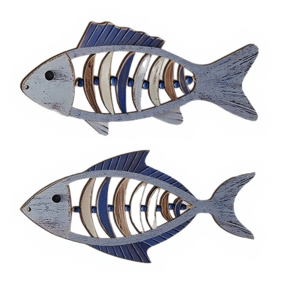 OIUR 2Pcs Mediterranean Style Wooden Fish Wall Hanging, Hollow Fish Skeleton Wall Decor, Vintage Nautical Ornament for Kitchen Living Room Beach House