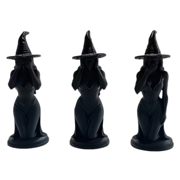 OIUR 3 Pcs Witch Figurine, 3D Printed Hear See Speak No Evil Witch Statue, Gothic Tabletop Ornament for Halloween Desktop Bookshelf Home Decor