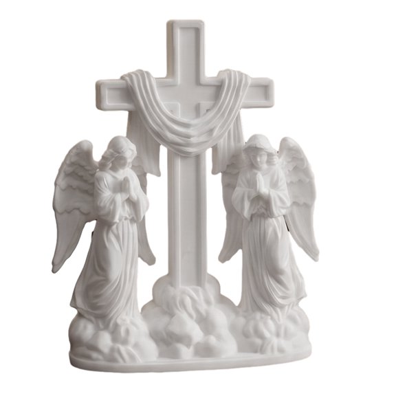 OIUR 3D Printed Praying Angel Ornament, Dual Angels with Flowing Cloud Base, Sacred White Sculpture for Desk Prayer Table Home Office, Gift Baptism Souvenir