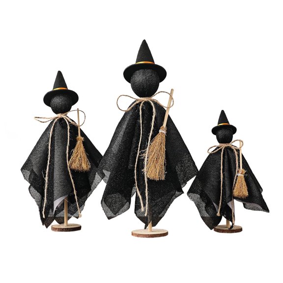 OIUR 3Pcs/Set Black Witch Decorations Standing Witch with Hat Broomstick Desk Decor Rustic Halloween Centerpieces for Indoor Home Farmhouse Mantel Dining Table