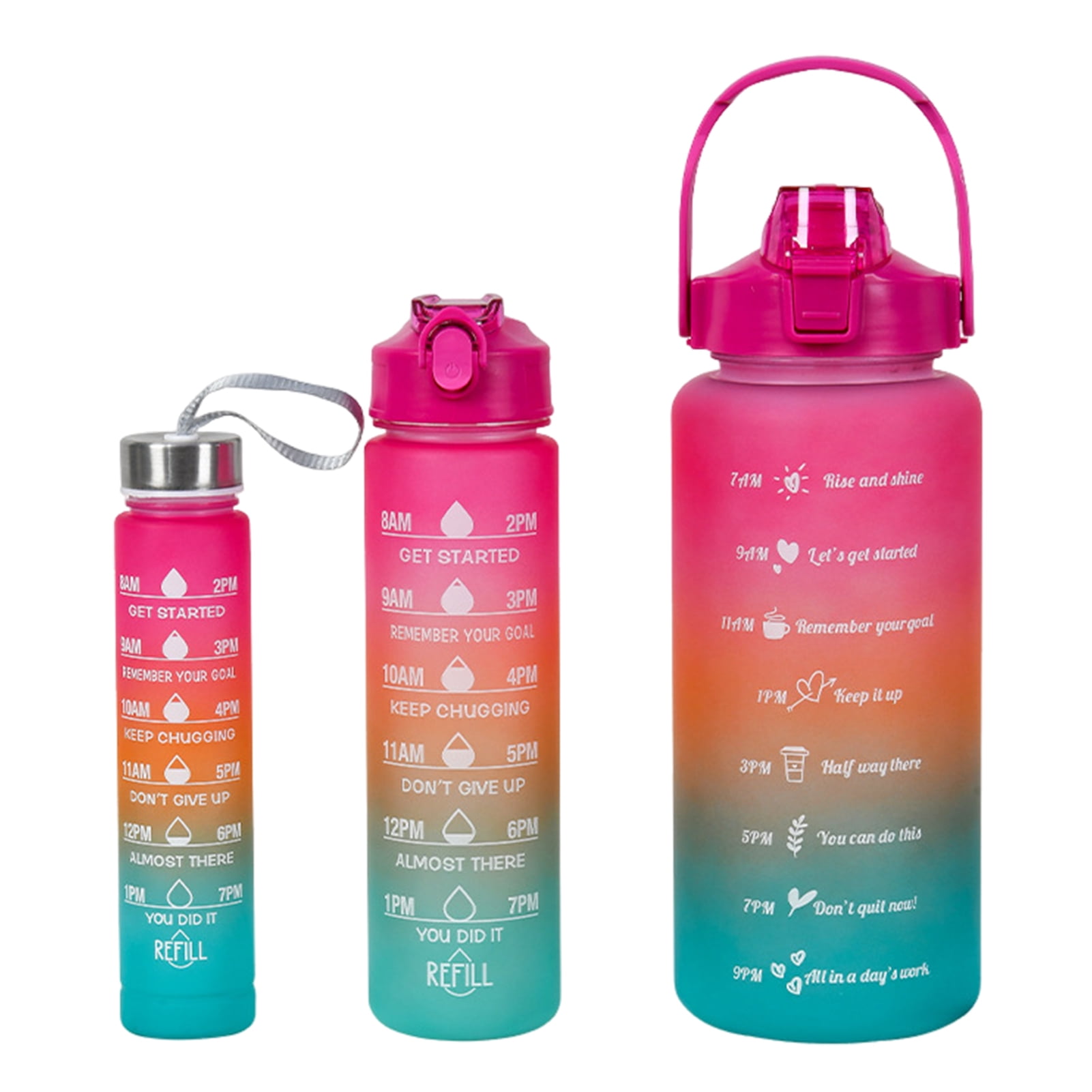 OIUR 3Pcs Silicone Straw Water Bottles Leakproof BPA Free Gradient Design 9/25/64oz Reusable Water Bottle with Time Markers for Gym Hiking